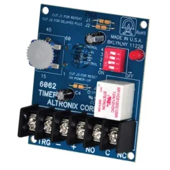 Altronix 6062 12/24 Multi-Purpose Timer, 12/24VDC, 1 Second To 60 Minutes, Board Only, Selectable Relay Activation, LED Indicates Relay Is Energized